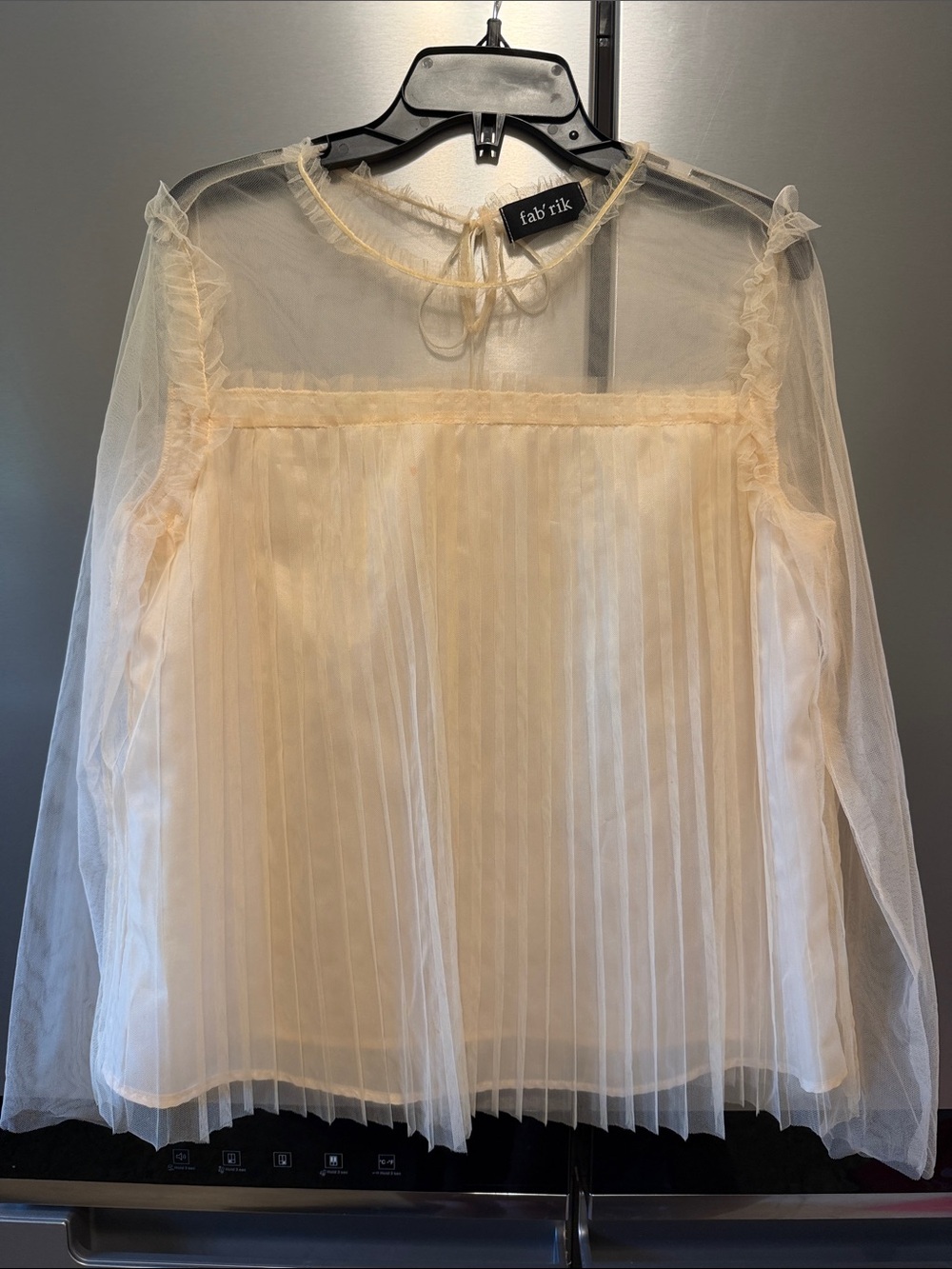 fab'rik Sheer Pleated Cream Tie-Neck Blouse
